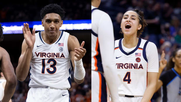Virginia men's basketball forward Ryan Dunn and Virginia women's basketball guard Jillian Brown at John Paul Jones Arena.